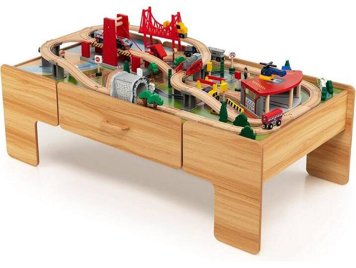 KOMFOTTEU Spieltisch 100-teiliges Eisenbahnset, mit wendbarer & Abnehmbarer Tischplatte, beige von OTTO