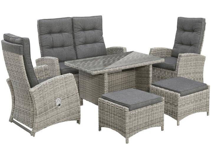 KONIFERA Garten-Essgruppe Monaco, (Set, 16-tlg., 1x2er Sofa, 2x Sessel, 2x Hocker, 1x Tisch 120x70x66cm, inkl. Auflagen), Polyrattan, Aluminium, Rückenlehne verstellbar von OTTO