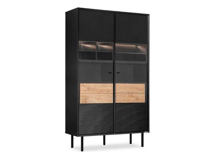 KONSIMO® Glasvitrine LOFTY Vitrinenschrank, Höhe 174 cm, ohne Beleuchtung geriffelte Front, mit Schubladen, Loft-Stil, hergestellt in der EU, schwarz von OTTO