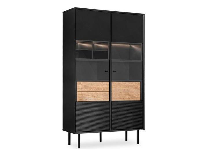 KONSIMO® Glasvitrine LOFTY Vitrinenschrank, Höhe 174 cm, ohne Beleuchtung geriffelte Front, mit Schubladen, Loft-Stil, hergestellt in der EU, schwarz von OTTO
