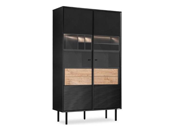 KONSIMO® Glasvitrine LOFTY Vitrinenschrank, Höhe 174 cm, ohne Beleuchtung geriffelte Front, mit Schubladen, Loft-Stil, hergestellt in der EU, schwarz von OTTO