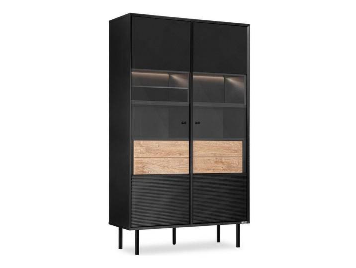 KONSIMO® Glasvitrine LOFTY Vitrinenschrank, Höhe 174 cm, ohne Beleuchtung geriffelte Front, mit Schubladen, Loft-Stil, hergestellt in der EU, schwarz von OTTO
