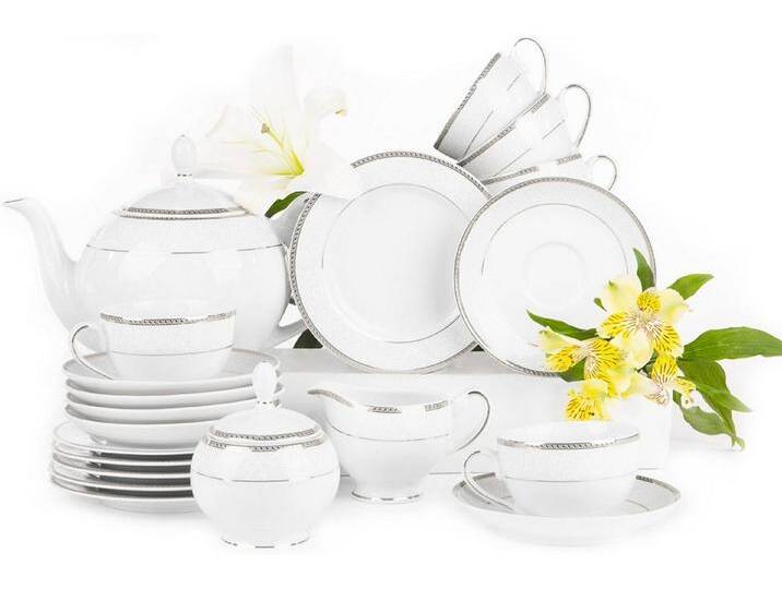 KONSIMO® Kaffeeservice NEW HOLLIS (21-tlg), 6 Personen, Porzellan, Tasse Untertasse Dessertteller Kaffeekanne Zuckerdose Milchkännchen, silberfarben von OTTO