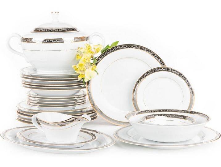 KONSIMO® Kombiservice CONTE Tafelservice Terrine Servierplatten Sauciere (25-tlg), 6 Personen, Porzellan, Klassisch-Stil, rund, silberfarben weiß von OTTO
