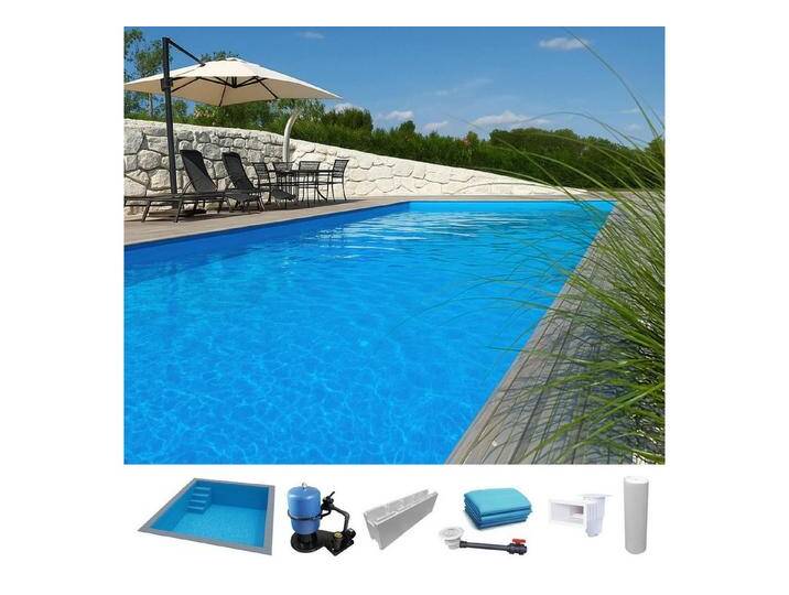 KWAD Rechteckpool Styropor Pool Easy mit gerader Treppe links 6 (Komplett-Set), Langlebige Styroporsteine, blau von OTTO