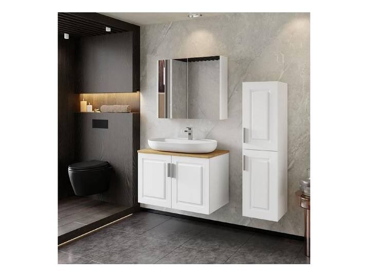 Karen Badmöbel-Set Badmöbel Set Arin Weiß Konsole, (4-St., Unterschrank mit Türen, Spiegelschrank mit Türen & Regalen), Landhaus-Stil, Matt-PVC-Beschichtung, Konsole, Aufsatzwaschbecken, weiß von OTTO