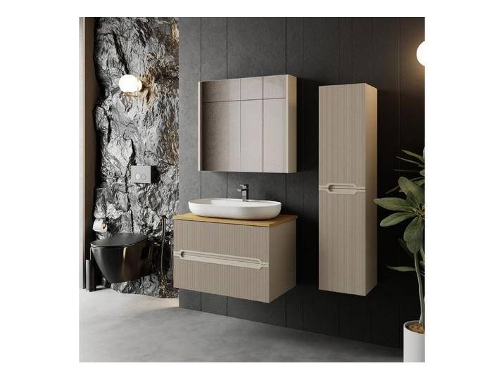 Karen Badmöbel-Set Badmöbel Set Bella 80 Konsole Eiche, (Komplett-Set, Standartmäßig 4-Teilig (Unterschrank, Konsole, Waschbecken, Spiegelschrank), 4-St., Unterschrank mit Schubladen, Spiegelschrank mit Türen & Regalen), Kaschmirbeige, Riffeloptik, Griffmulden, Konsole, Aufsatzwaschbecken von OTTO