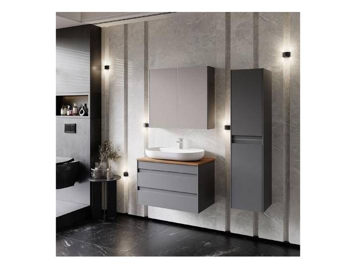 Karen Badmöbel-Set Badmöbel Set Lara Konsole, (Komplett-Set, Standartmäßig 4-Teilig (Unterschrank, Konsole, Waschbecken, Spiegelschrank), 4-St., Unterschrank mit Türen, Spiegelschrank mit Türen & Regalen), Minimalistisches Design, Matt-Beschichtung, Softclose, Griffleisten, schwarz von OTTO