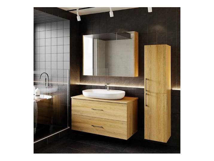 Karen Badmöbel-Set Badmöbel Set Verona 100 Konsole Eiche, (Komplett-Set, Standartmäßig 4-Teilig (Unterschrank, Konsole, Waschbecken, Spiegelschrank), 4-St., Unterschrank mit Schubladen, Spiegelschrank mit Türen & Regalen), Holzfurnier, Natürliches Design, Konsole von OTTO