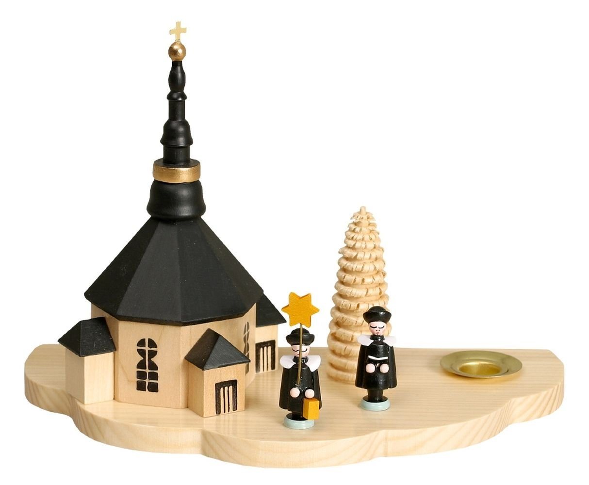 Kerzenhalter Kerzenhalter Lichthalter mit Seiffener Kirche und Kurrende dunkel Höh, Ringelbäumchen, naturfarbene achteckige Kirche, kleine Figuren von OTTO