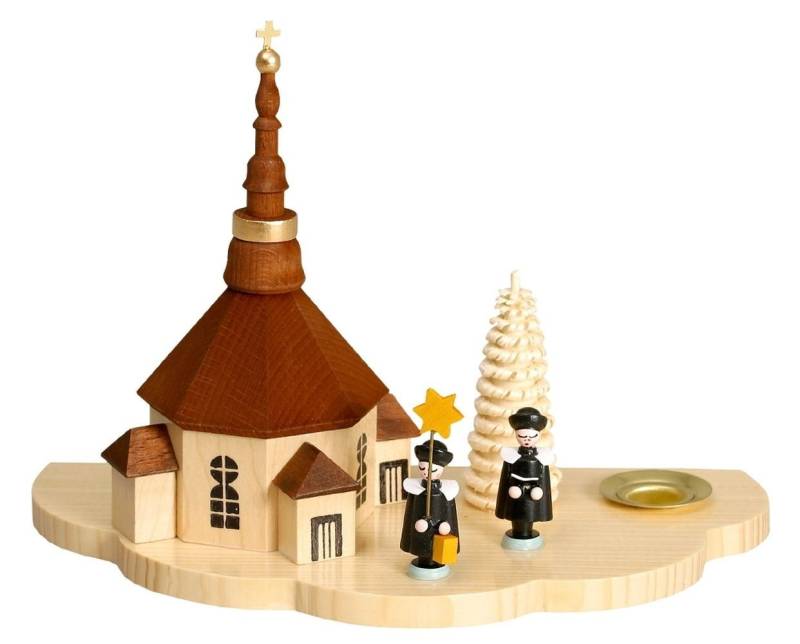 Kerzenhalter Kerzenhalter Lichthalter mit Seiffener Kirche und Kurrende natur Höhe, Ringelbäumchen, naturfarbene achteckige Kirche, kleine Figuren von OTTO