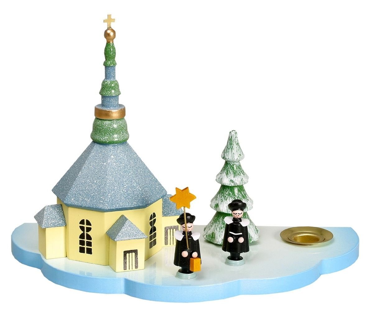 Kerzenhalter Kerzenhalter Lichthalter mit Seiffener Kirche und Kurrende bunt Höhe, Schneebedeckte achteckige Kirche, kleine Figuren von OTTO
