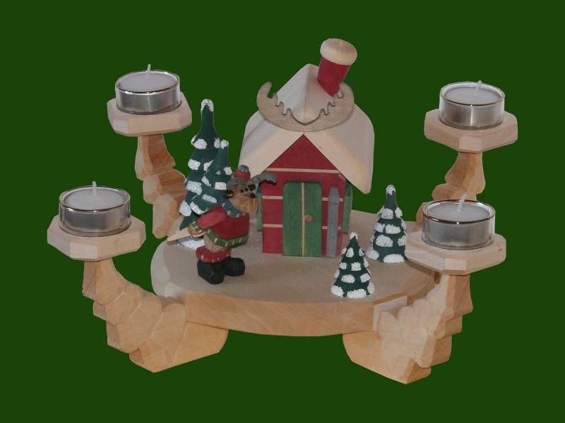 Kerzenständer Adventsleuchter Elch mit Christbaum an der Hütte geschnitzt mit von OTTO