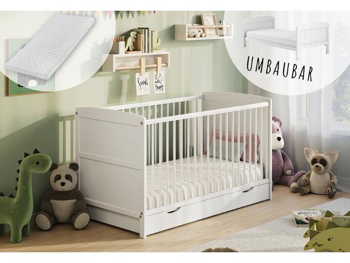 Kids Collective Babybett umbaubar zu Kinderbett Gitterbett mit Schublade 60x120 70x140cm, höhenverstellbares Lattenrost, 70x140 cm, Weiß mit Matratze von OTTO