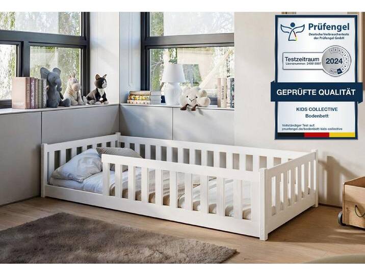 Kids Collective Kinderbett Bodenbett Bett mit Rausfallschutz & Lattenrost Montessori Bett Kinder (weitere Größen 80x160, 90x200, 120x200, 140x200 cm), weiß Kiefer 80 x 180 cm, weiß von OTTO