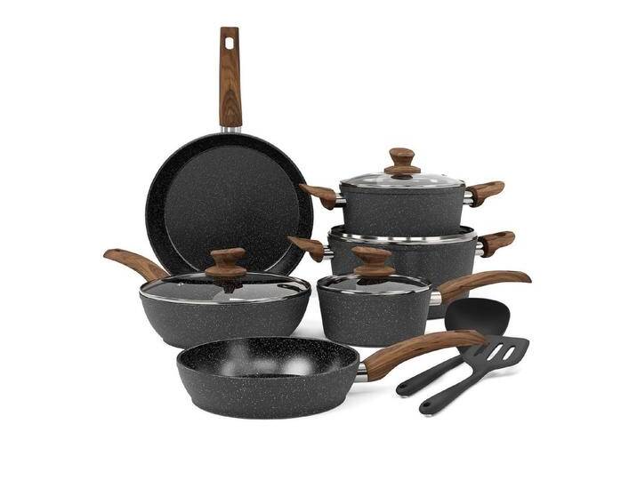 Kitchen Academy Topf-Set, Aluminium, Granit (12-tlg, Pfanne 20cm/28cm, Bratpfanne mit Deckel 24cm, Stielkasserolle mit Deckel 17cm/20cm/24cm, 2 Silikonspatel), Induktion Töpfe Set 12-teilige Granit Kochtöpfe Set von OTTO