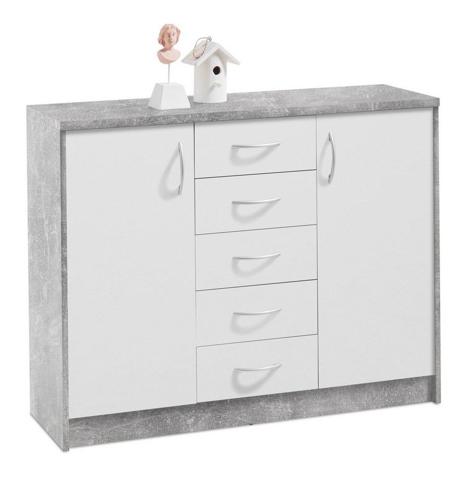 Kommode OPTIMUS, B 109 x H 86 cm, Betondekor, Weiß matt, 2 Türen und 5 Schubladen von OTTO