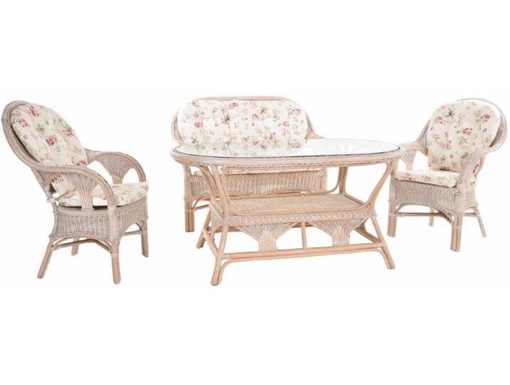 Krines Home Sitzgruppe Set/4 Rattan Wintergartenset Palm Wintergarten Garnitur Natur Set, (4-tlg., 2x Sessel, 1x Zweisitzer, 1x Tisch mit Ablage), Rattangruppe Rattanmöbel Rattanset geblümter Stoff 4-teilig von OTTO