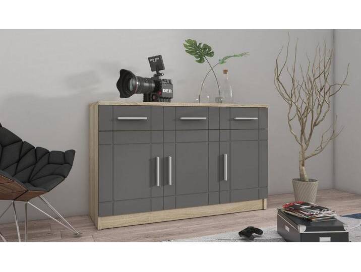 Küchen-Preisbombe Kommode PARIS 3F-3S Wohnwand Wohnzimmer Anbauwand Grau + Sonoma Eiche von OTTO