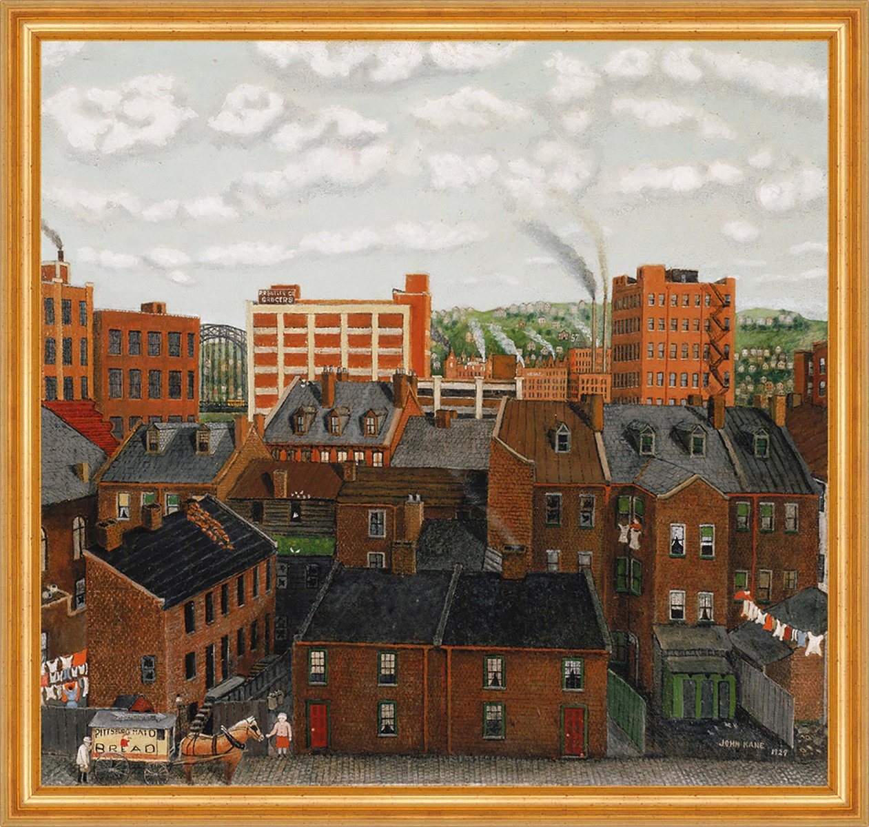 BillerAntik Kunstdruck Across the Strip John Kane Stadt Dächer Wolken Häuser Kamin Qualm B A1, (1 St) von BillerAntik