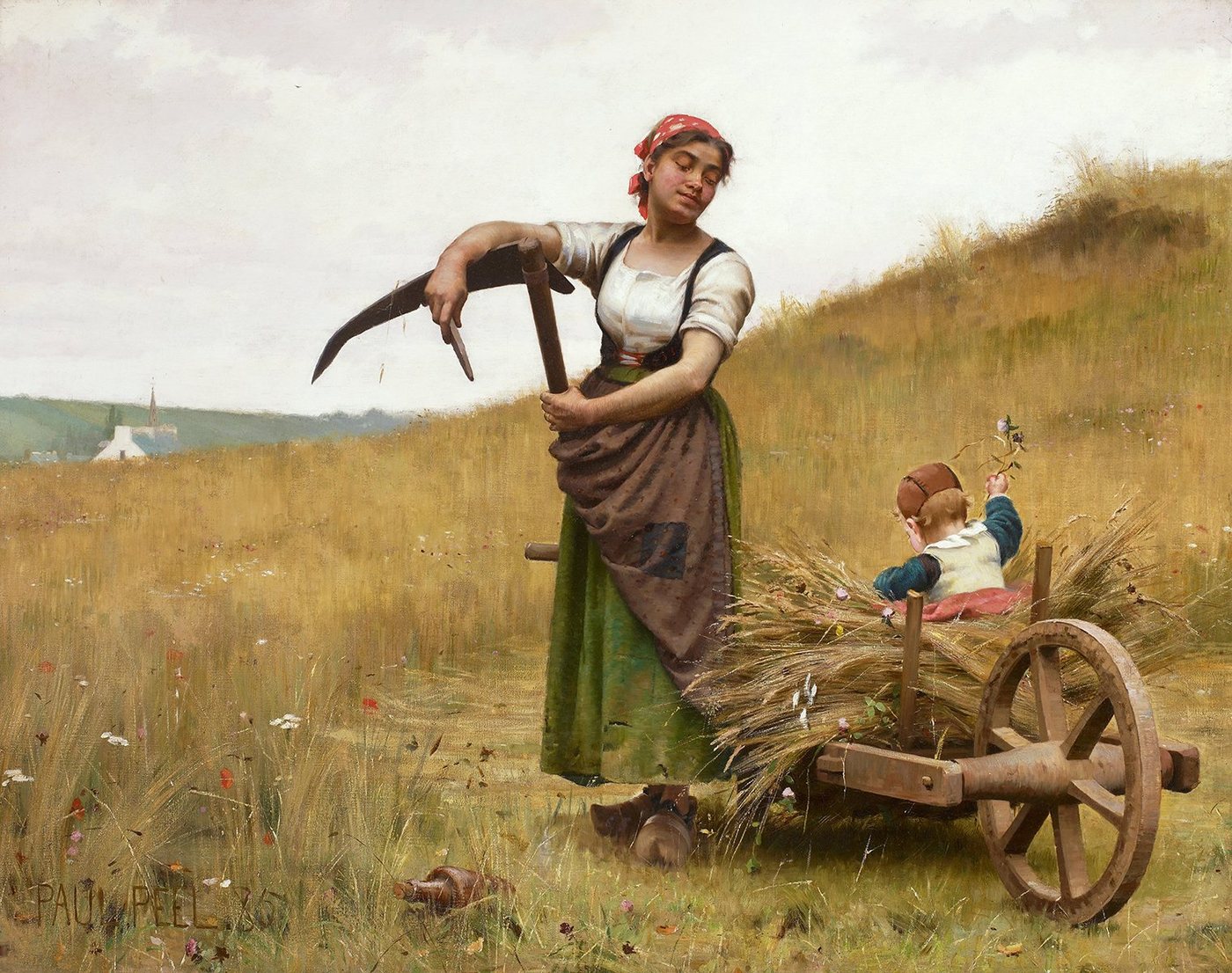 BillerAntik Kunstdruck Adoration Paul Peel Feld Ernte Sense Karren Kinder Mutter Bauern Feld, (1 St) von BillerAntik