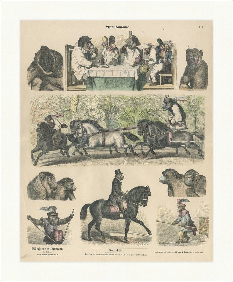 Kunstdruck Affenkomödie Leutemann 1865 Tisch Pferde Holzstich Münchener Bilderbog, (1 St) von OTTO