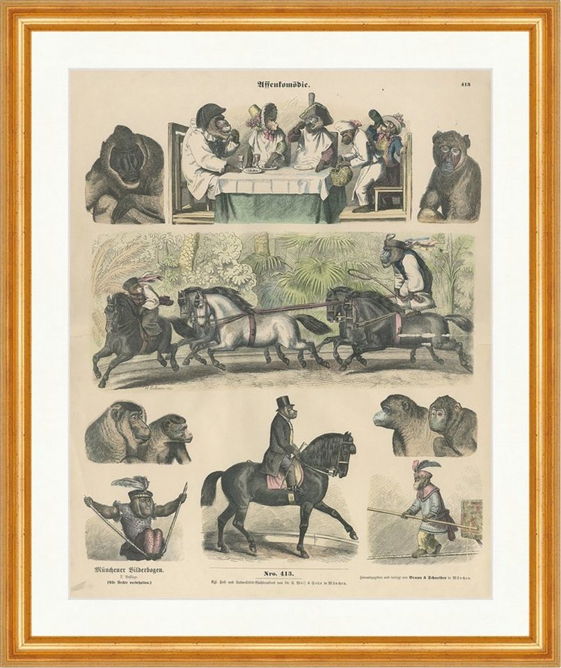 Kunstdruck Affenkomödie Leutemann 1865 Tisch Pferde Münchener Bilderbogen 413 Ger, (1 St) von OTTO
