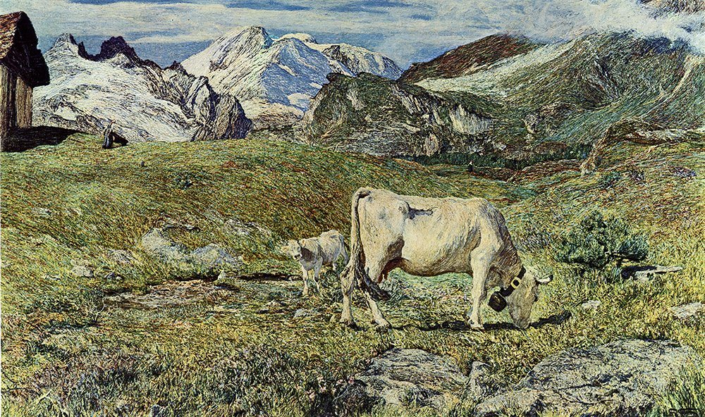 Kunstdruck Almen im Frühling Giovanni Segantini Alm Kuh Berge Alpen Natur H A3 03, (1 St) von OTTO