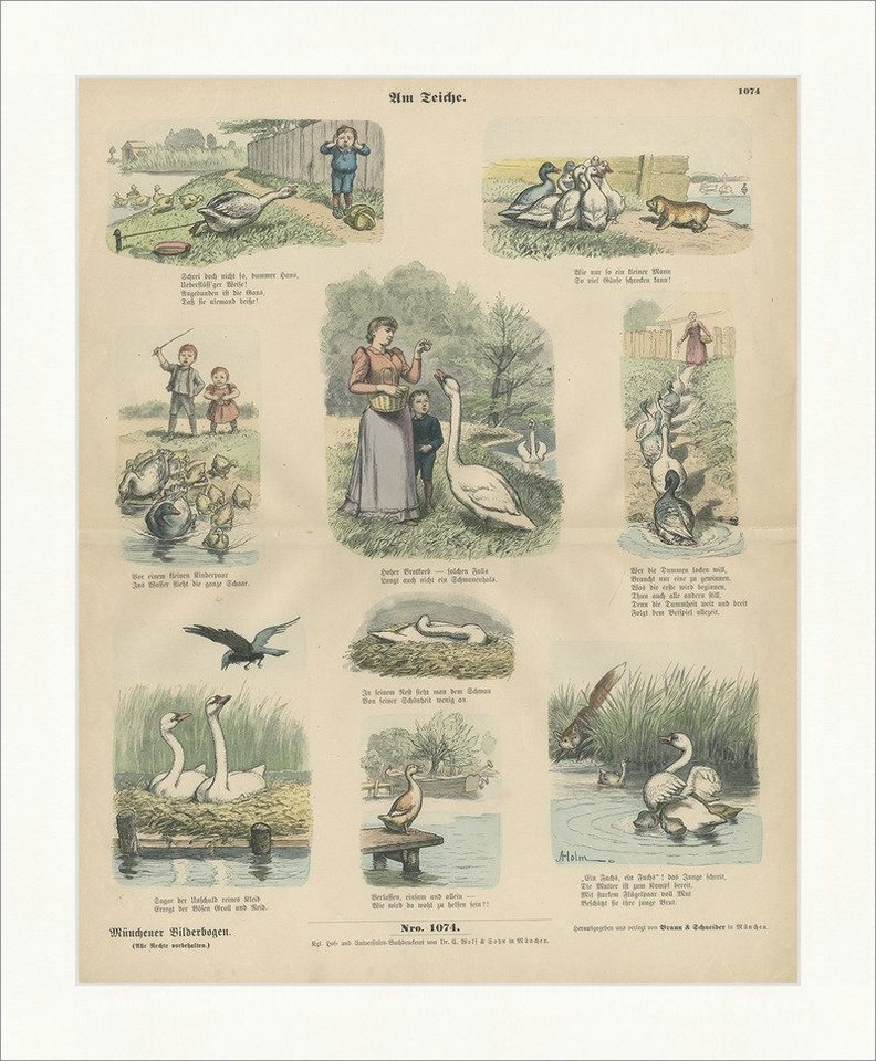 BillerAntik Kunstdruck Am Teiche A. Holm Gans Kinder Schwan Wasser Holzstich Münchener Bilder, (1 St) von BillerAntik