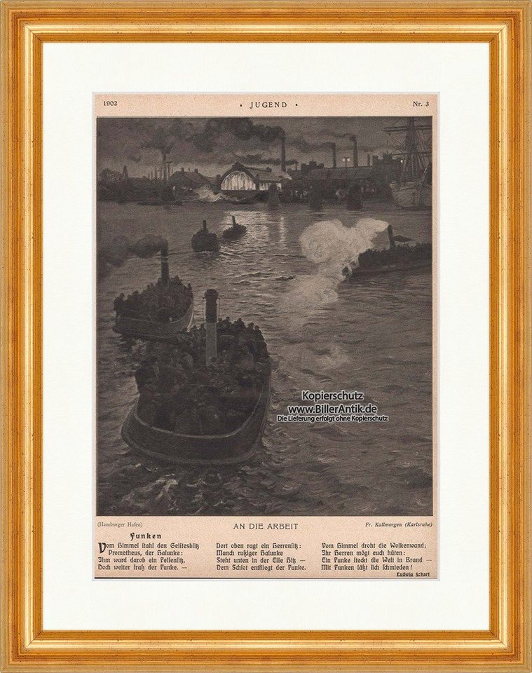 BillerAntik Kunstdruck An die Arbeit Fr. Kallmorgen Schiff Boot Hafen Hamburg Kamin Jugend 16, (1 St) von BillerAntik