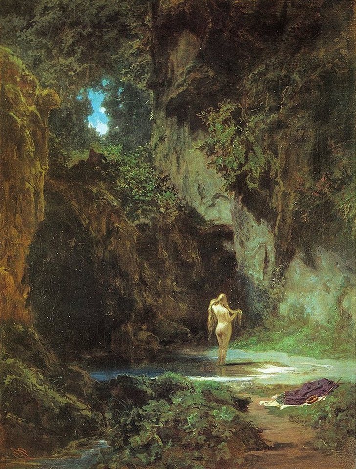 BillerAntik Kunstdruck Badende Nymphe Carl Spitzweg Wald Teich Lichtung Akt Rücken H A3 0526, (1 St) von BillerAntik
