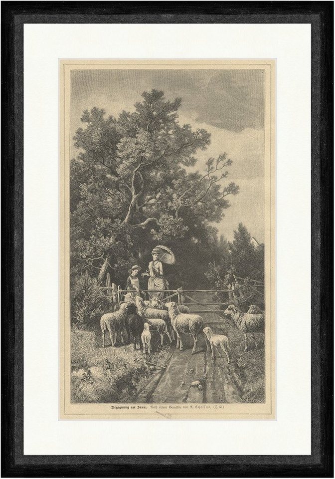BillerAntik Kunstdruck Begegnung am Zaun Chelius Schafe Tiere Lämmer Weide Straße Faksimile_E, (1 St) von BillerAntik