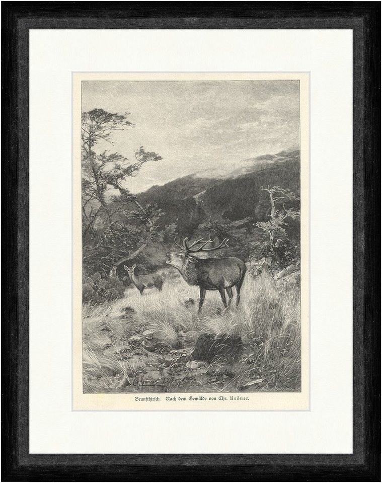 Kunstdruck Brunfthirsch Kröner Geweih Wald Gebirge Rehe Berge Bäume Wild Faksimil, (1 St) von OTTO