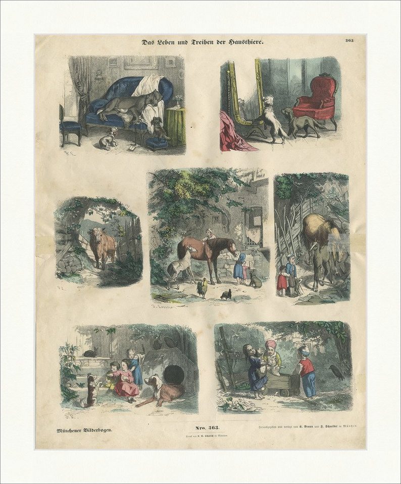 BillerAntik Kunstdruck Das Leben und Treiben der Hausthiere Sofa Holzstich Münchener Bilderbo, (1 St) von BillerAntik