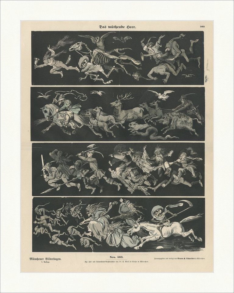 BillerAntik Kunstdruck Das wüthende Heer Skelett Tod Sense Eule Holzstich Münchener Bilderbog, (1 St) von BillerAntik