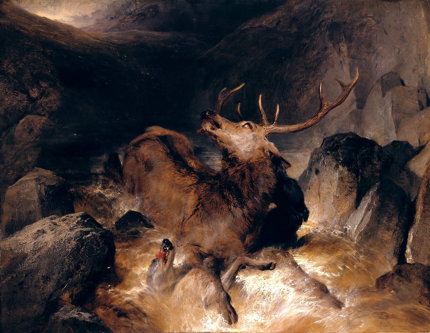 Kunstdruck Deer and Deer Hounds in a Mountain Torrent Landseer Hirsche Gebirge B, (1 St) von OTTO