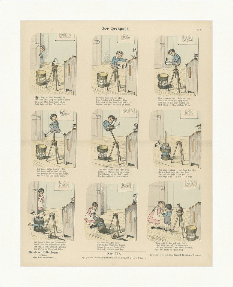 BillerAntik Kunstdruck Der Drehstuhl Meggendorfer Katze Fritz Korb Holzstich Münchener Bilder, (1 St) von BillerAntik