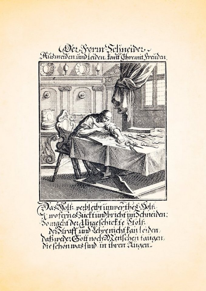 BillerAntik Kunstdruck Der Form Schneider Holz schnitzen Kupferstich Christoph Weigel Berufe, (1 St) von BillerAntik