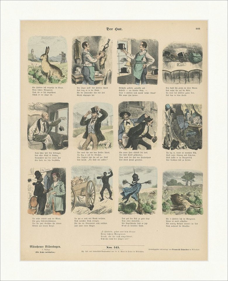 BillerAntik Kunstdruck Der Hut Hase Kraut Jäger Fell Baron Tagdieb Holzstich Münchener Bilder, (1 St) von BillerAntik