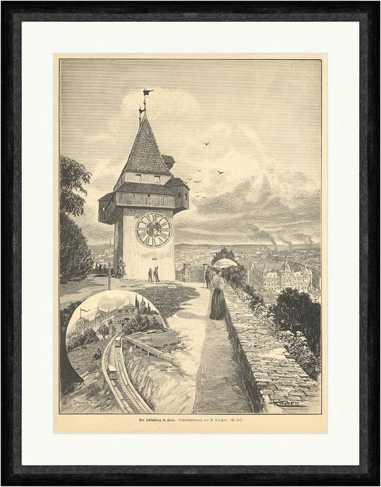 BillerAntik Kunstdruck Der Schloßberg in Graz Kircher K&K Österreich Turm Uhr Bahn Faksimile_, (1 St) von BillerAntik
