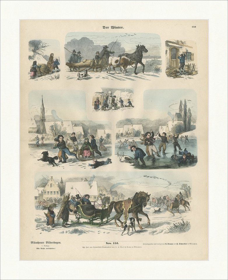 BillerAntik Kunstdruck Der Winter Holz Schlitten Schnee Eis Kinder Holzstich Münchener Bilder, (1 St) von BillerAntik