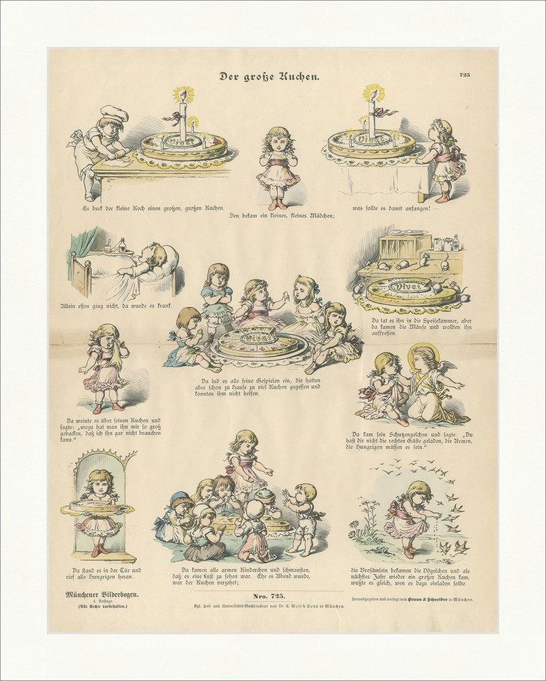 BillerAntik Kunstdruck Der große Kuchen Mädchen Klein Kerze Essen Holzstich Münchener Bilderb, (1 St) von BillerAntik