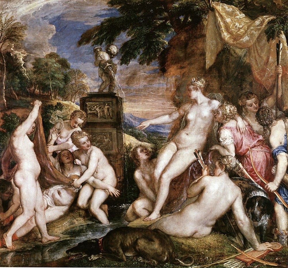 Kunstdruck Diana und Kallisto Tizian Tiziano Vecellio Mythos Bad Jagd Hund H A3 0, (1 St) von OTTO