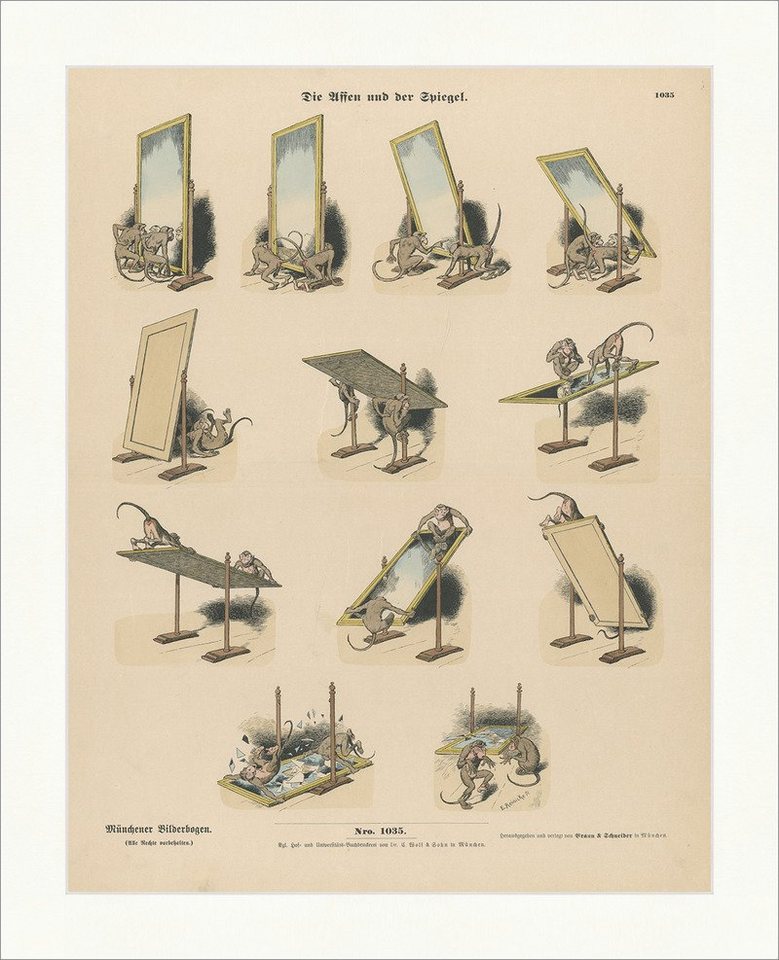BillerAntik Kunstdruck Die Affen und der Spiegel Reinicke Scherben Holzstich Münchener Bilder, (1 St) von BillerAntik