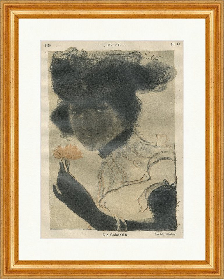 BillerAntik Kunstdruck Die Federnelke Nr. 18 Fritz Erler Dame Hand Blume Jugend Gerahmt 5301, (1 St) von BillerAntik