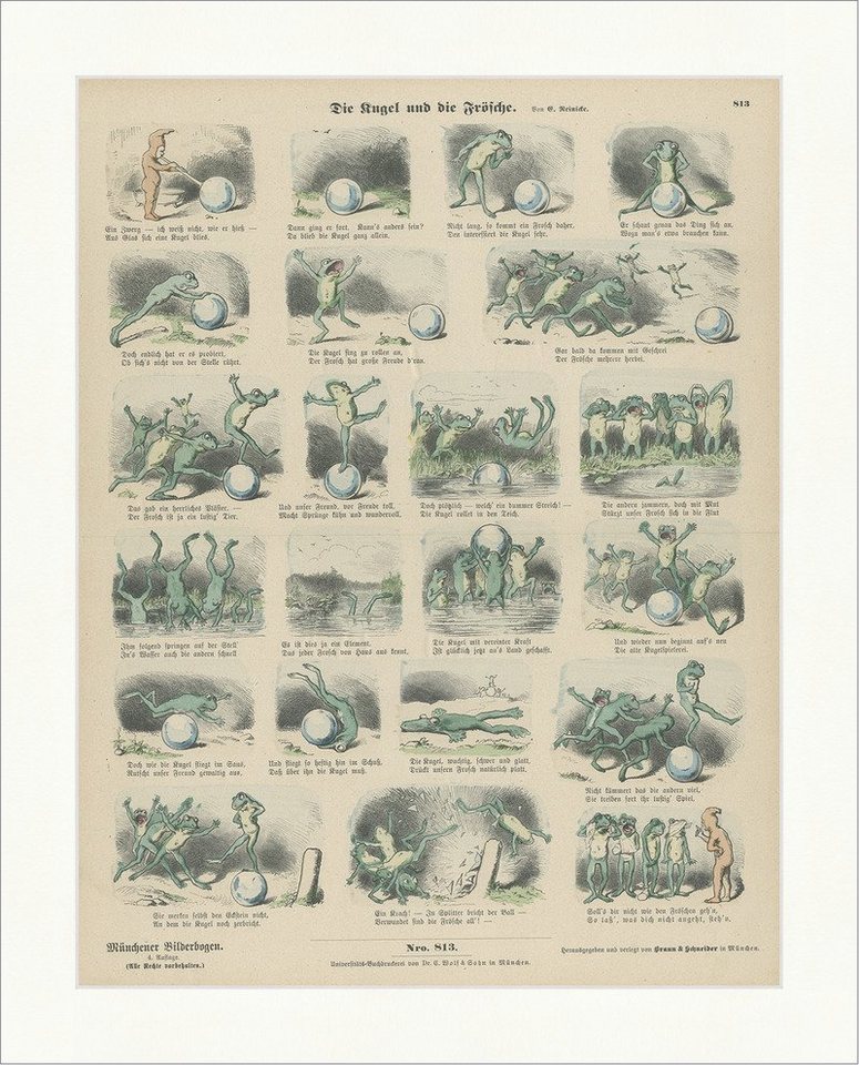 BillerAntik Kunstdruck Die Kugel und die Frösche E. Reinicke Teich Holzstich Münchener Bilder, (1 St) von BillerAntik