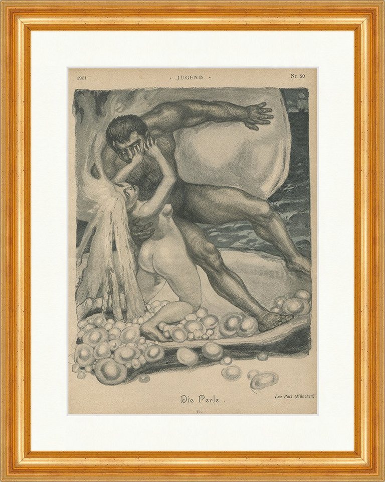 BillerAntik Kunstdruck Die Perle Nr. 50 Leo Putz Muschel Nackt Frau Meer Mann Venus Jugend 52, (1 St) von BillerAntik