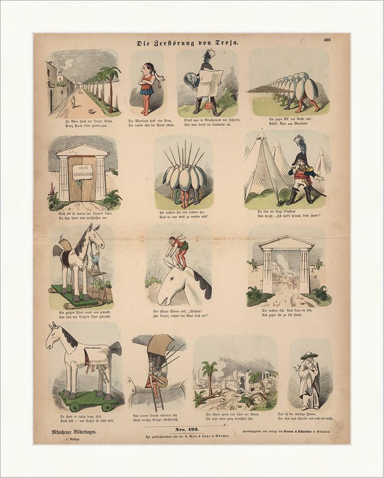 BillerAntik Kunstdruck Die Zerstörung von Troja Menelaos Pferd Holz Faksimile Münchener Bilde, (1 St) von BillerAntik