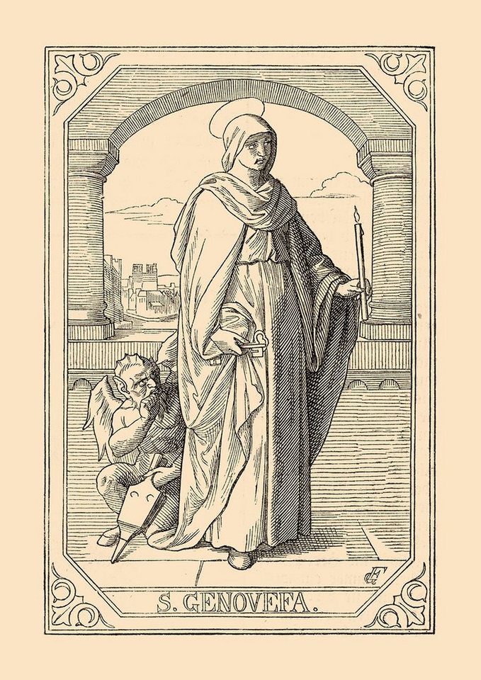 BillerAntik Kunstdruck Die heilige Genovefa Kerze Engel Holzstich Sankt A4 1015, (1 St) von BillerAntik