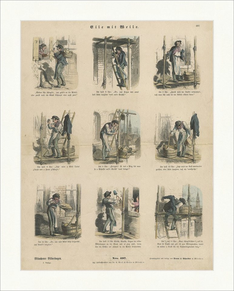 BillerAntik Kunstdruck Eile mit Weile Sieben Uhr Arbeit Gerüst Kalk Holzstich Münchener Bilde, (1 St) von BillerAntik